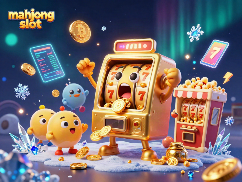 Experience mahjong slot excitement with animated slot machines and crypto elements in a vibrant casino scene.