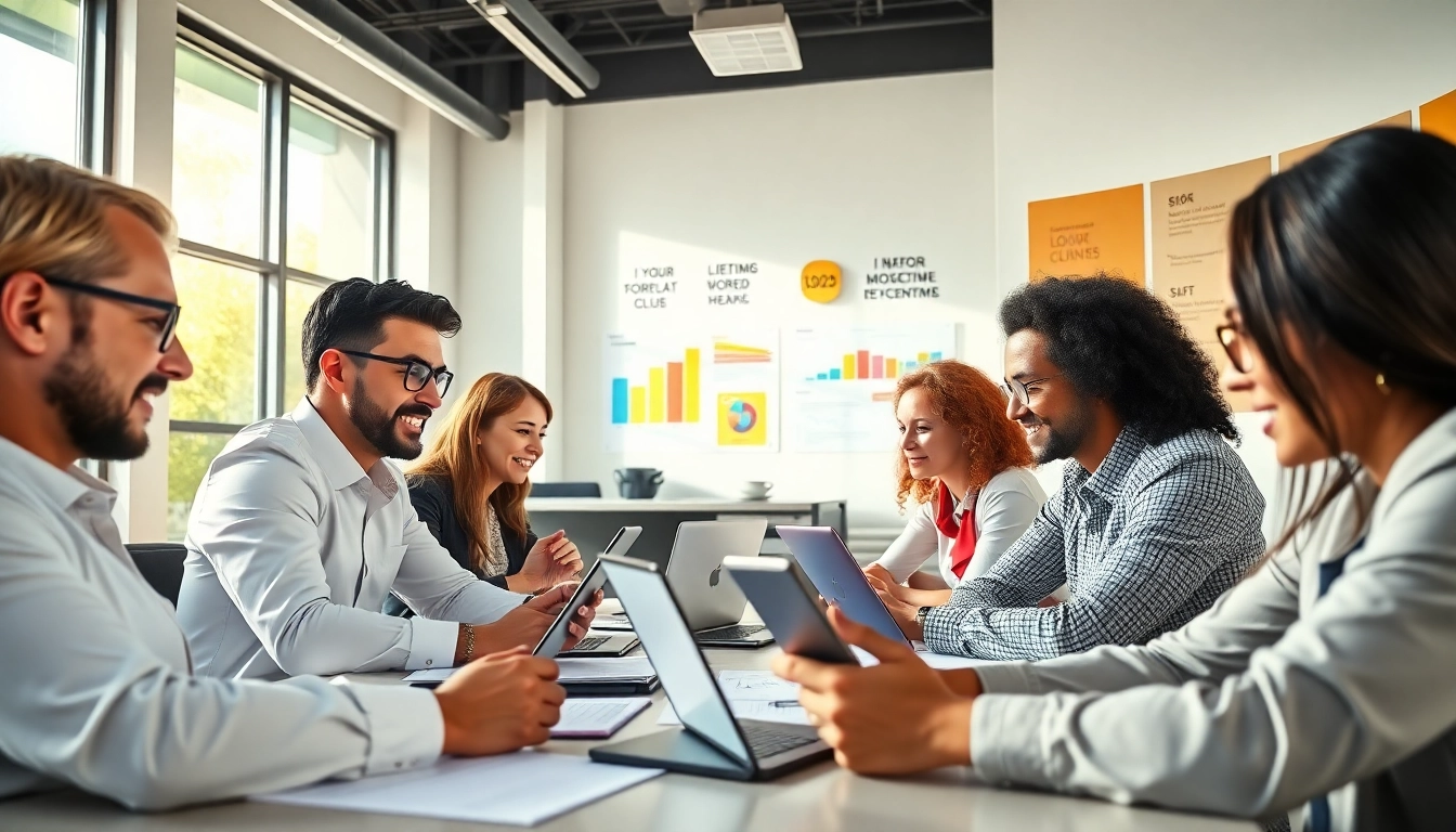 Collaboration session to Achieve Your Goals With AI, with diverse individuals and digital tools.