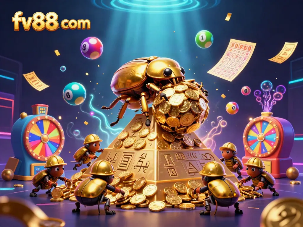 Interact with fv88 com's vibrant online casino world, featuring a massive golden beetle rolling coins amidst dynamic lottery elements.