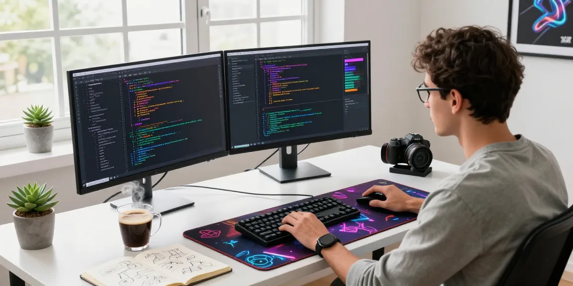 Dynamic workspace image of a developer coding at fuzzmanta.com amidst tech gear and natural light.