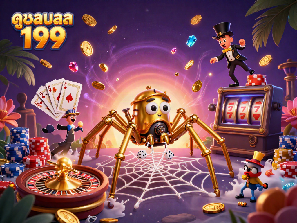 Experience the excitement of ดูบอลสด 199, a dynamic 3D illustration showcasing gambling elements and vibrant characters.