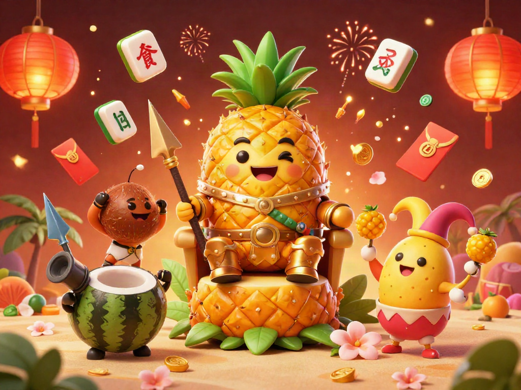 Xoilac offers an exciting beach casino scene featuring a golden pineapple king with tropical allies surrounded by vibrant gaming elements.