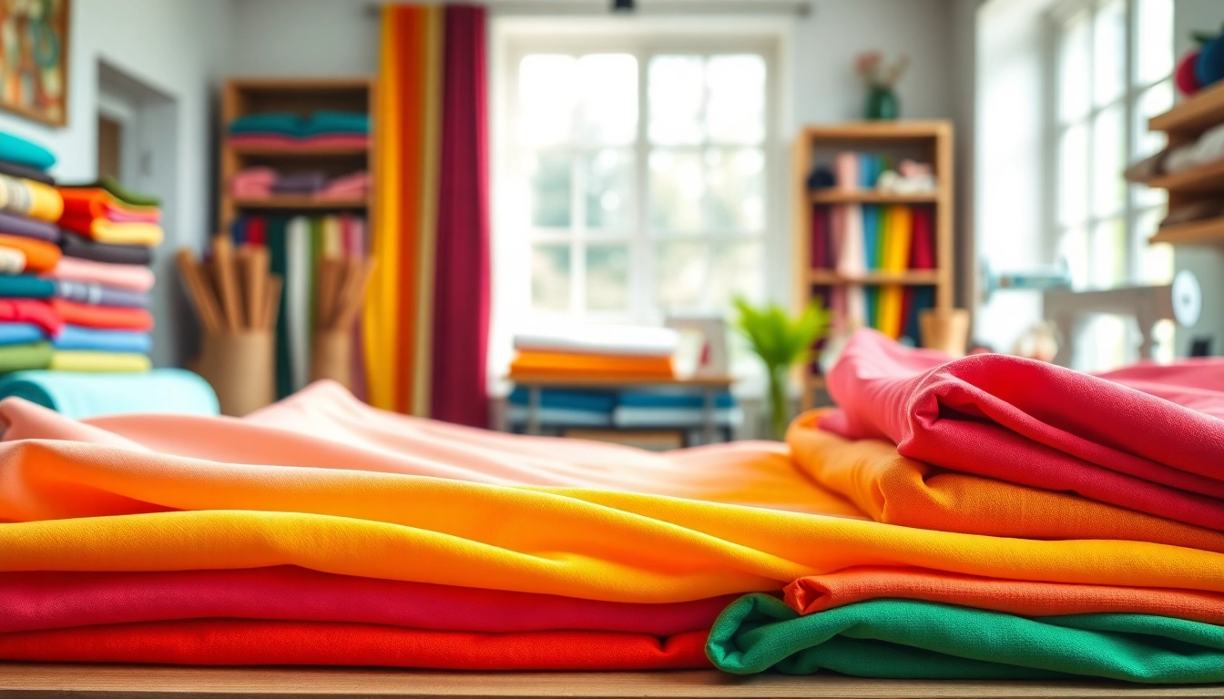 Verschillende jogging stoffen in rijke kleuren gepresenteerd in een stoffenwinkel.
