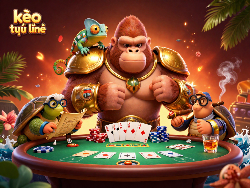 Engage in kèo trực tuyến action with colorful characters interacting at a lively poker table.