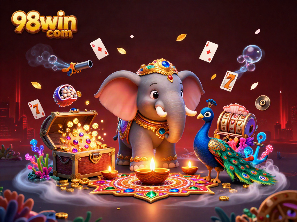 Experience thrilling gameplay at 98win com with vibrant visuals featuring games, symbols, and casino elements.