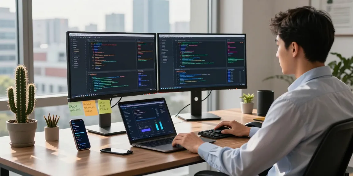 Developer working with usdt0 blockchain analytics at a modern workspace, showcasing a focus on technology.