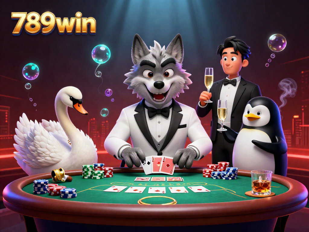 Experience the thrill of 789win with a debonair wolf, elegant swan, and sophisticated penguin at a vibrant casino scene.