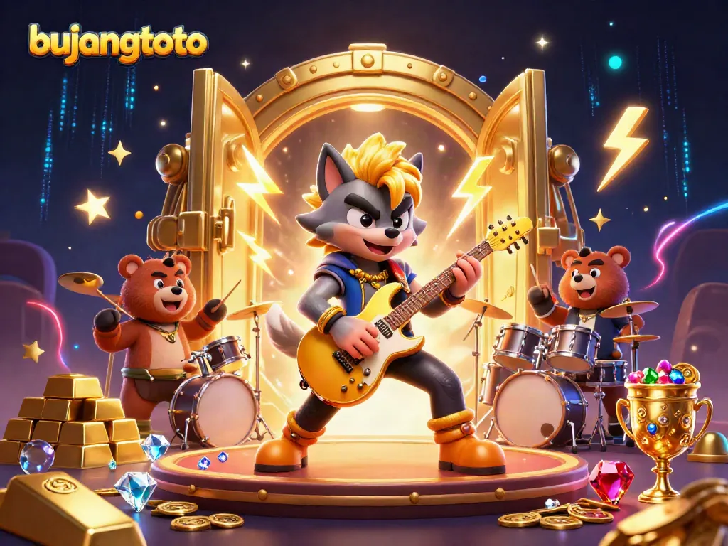 Experience the vibrant action of bujangtoto with a rock star wolf and dynamic casino elements.