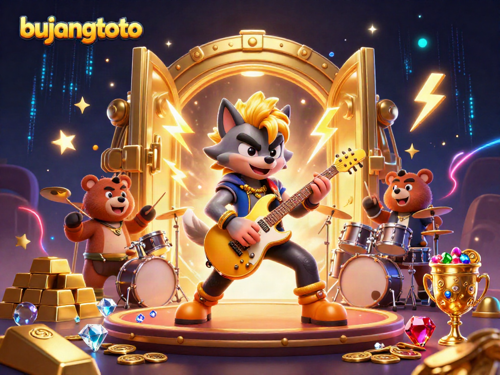 Experience the vibrant action of bujangtoto with a rock star wolf and dynamic casino elements.