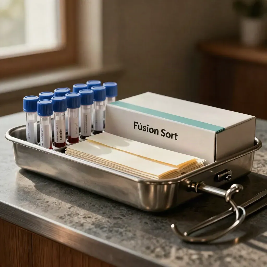 Stainless sorting tray with sample tubes, folded labels, and archive box in dramatic studio light.