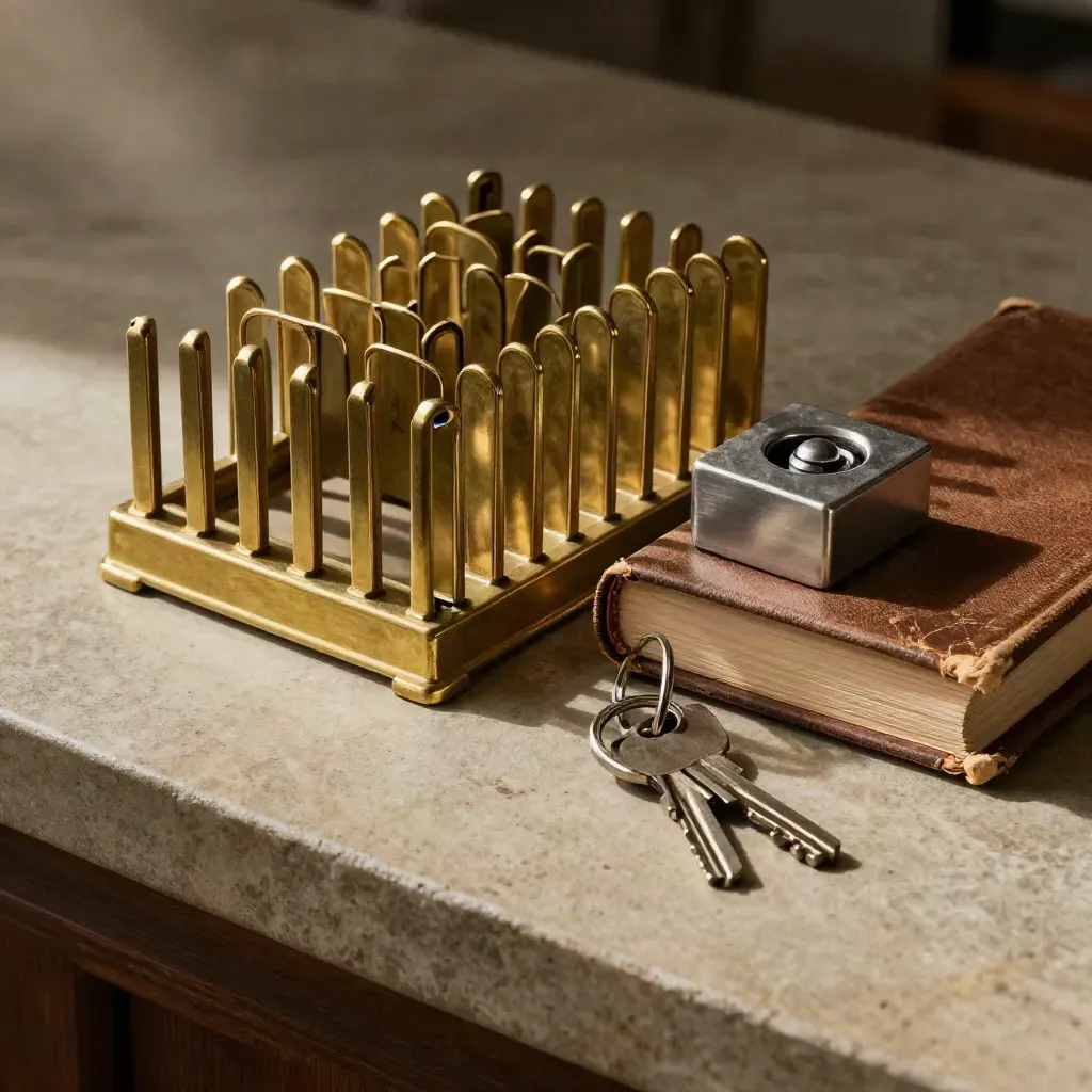 Brass index rack, ledgers, paperweight and keys on stone in soft top-down light.