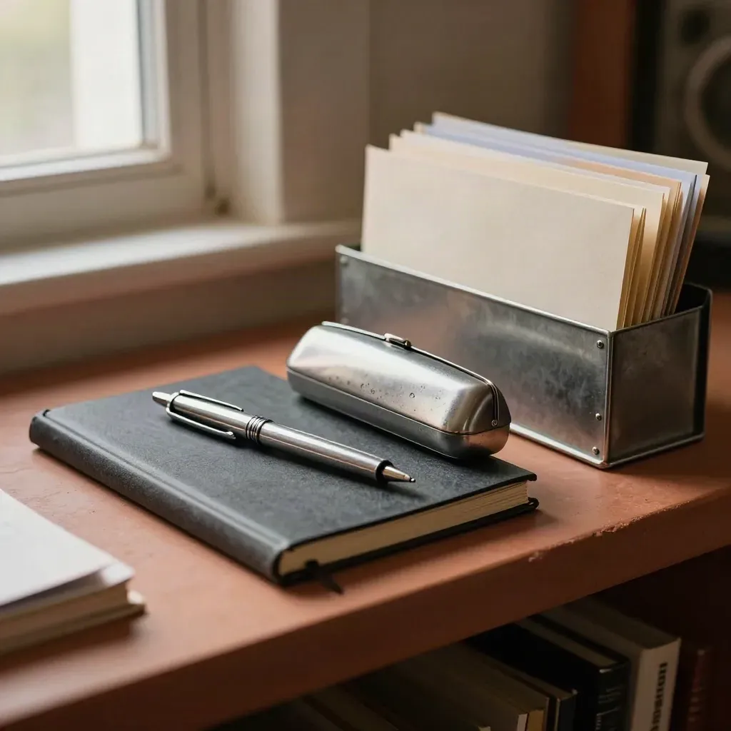 Notebook, pen, glasses case and file tray on a terracotta shelf, softly lit.