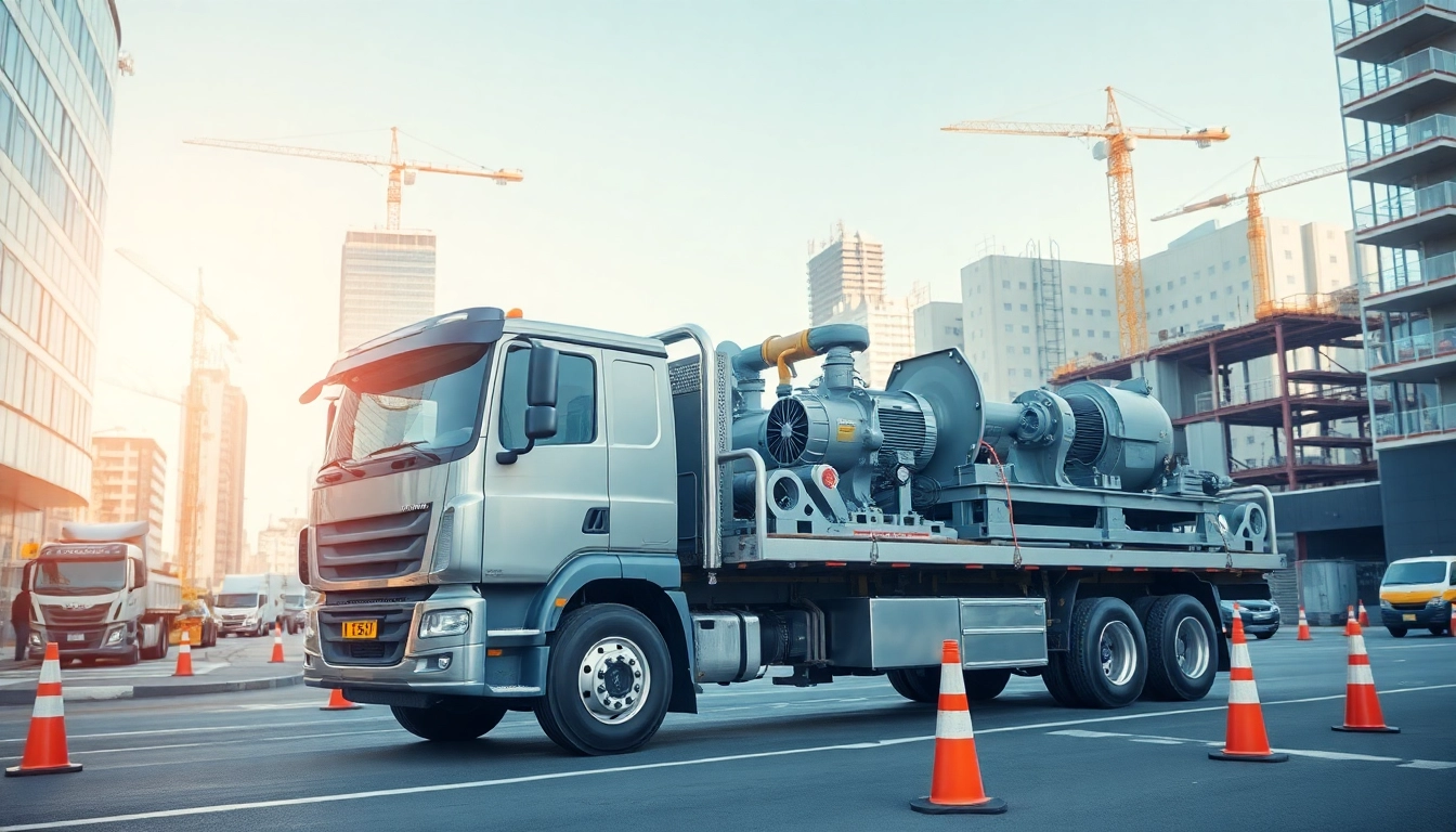Showcasing equipment transport service with a flatbed truck carrying machinery in an urban landscape.