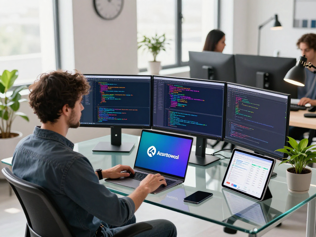 Developer using acrossprotocol in a modern blockchain workspace with coding interfaces and analytics.