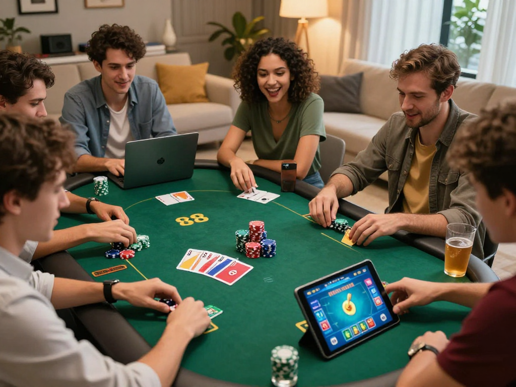 Exciting Poker88 online gaming scene with friends enjoying a vibrant poker night at home.