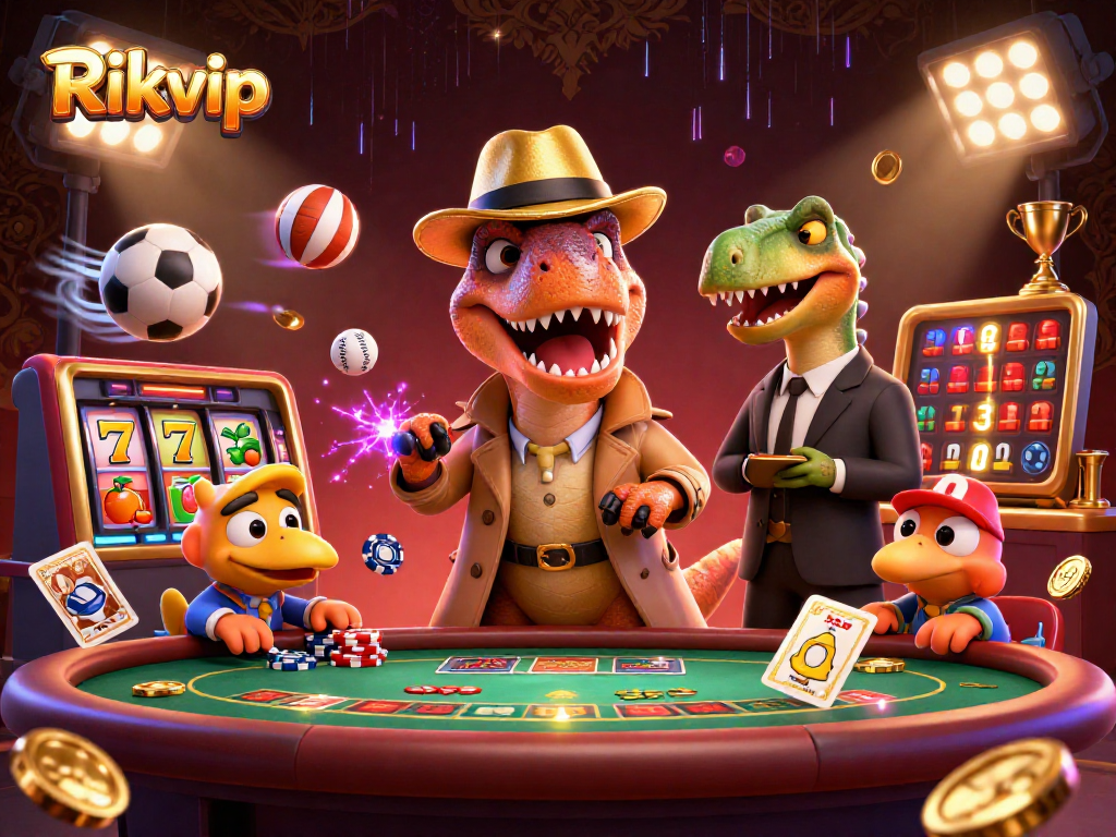 Rikvip velociraptor at blackjack, with a pit boss and a pickpocket in a vibrant scene.