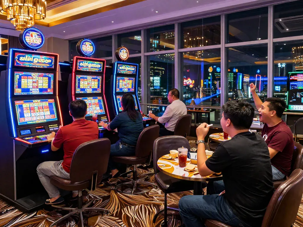 Exciting 'slot gacor' gaming scene with players celebrating wins in a modern casino.