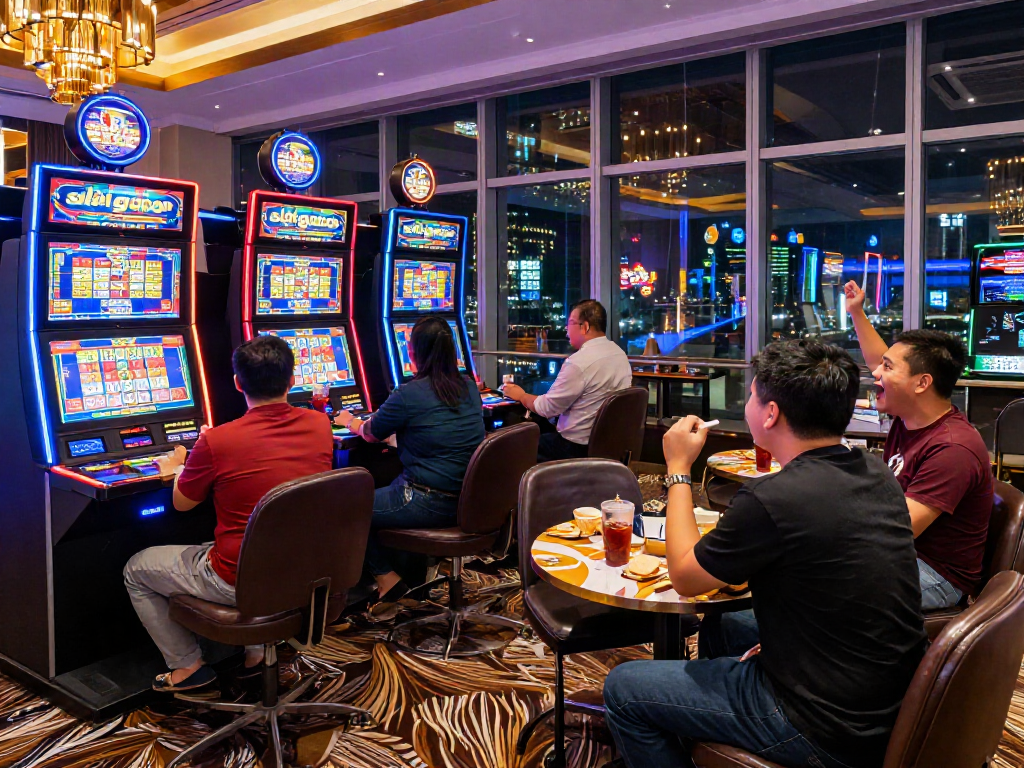 Exciting 'slot gacor' gaming scene with players celebrating wins in a modern casino.