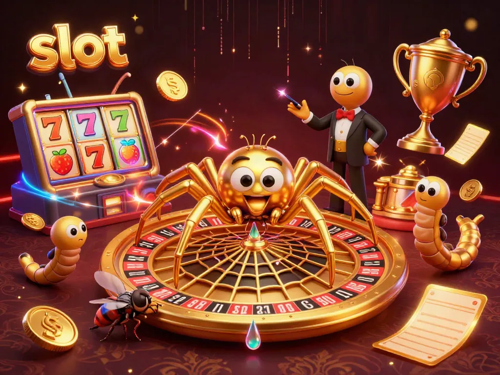 Engage in thrilling slot action with a dynamic scene of a golden spider and croupier in a 3D casino