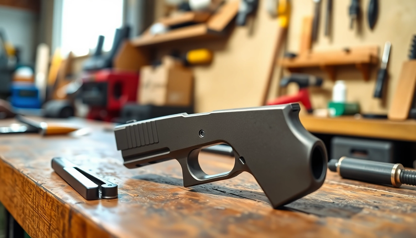 Showcasing a Glock 19 slide OEM on a workbench with detailed textures and natural lighting.