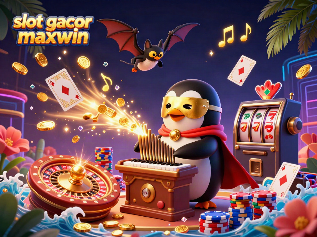 Experience thrilling gaming action with slot gacor maxwin as golden coins cascade from a penguin's organ.