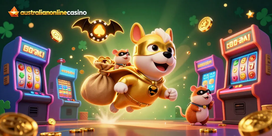 Cartoon superhero dog flying with gold coins at australianonlinecasino under glowing casino elements