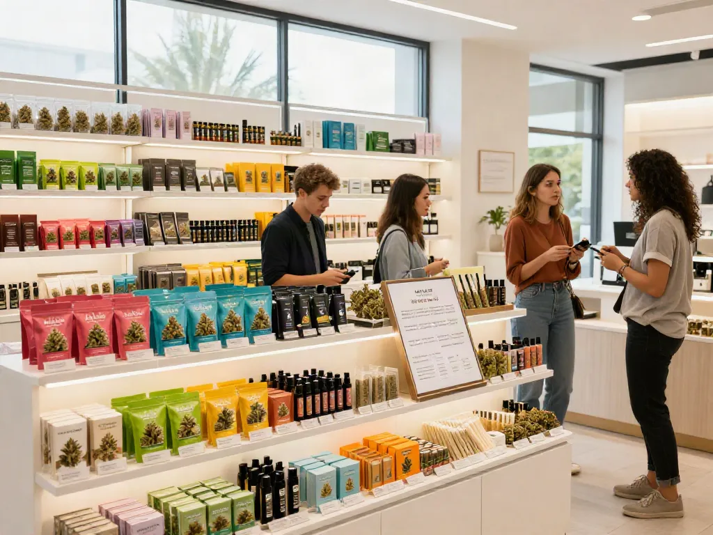 Alien Labs premium cannabis retail display showcasing indoor-grown strains and vapes in a modern shop atmosphere.