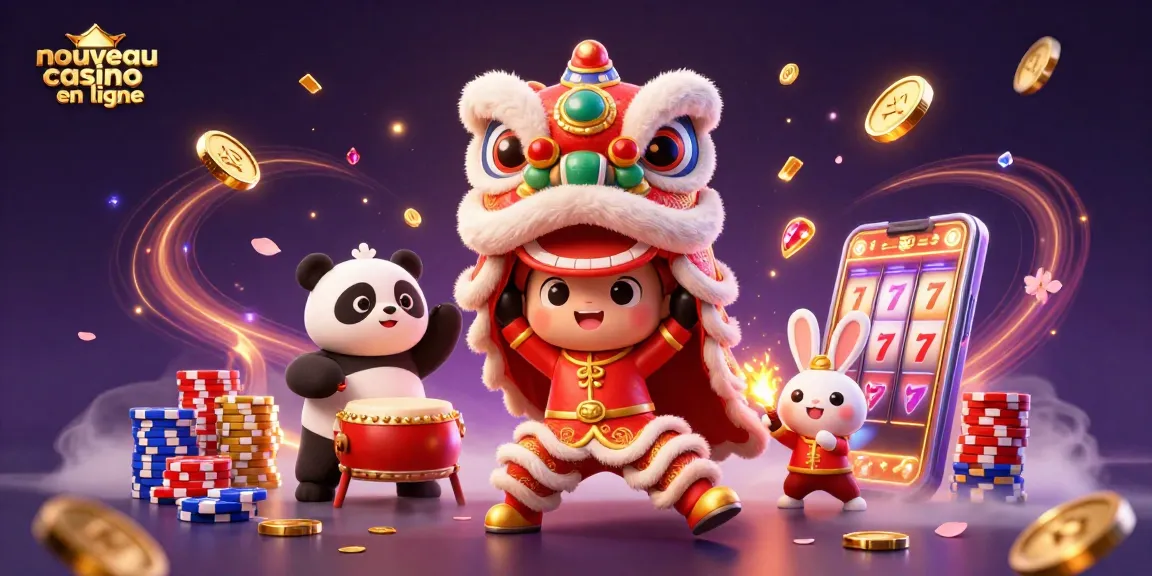 Plongez dans l'univers du nouveau casino en ligne avec une fête animée comprenant un lion dansant, des pièces en or et des jeux de casino.