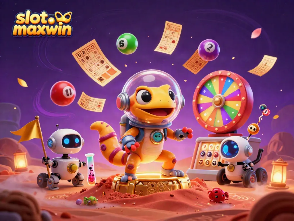 Menggoda keberuntungan dengan slot maxwin dalam ilustrasi kasino imajinatif berwarna-warni di Mars