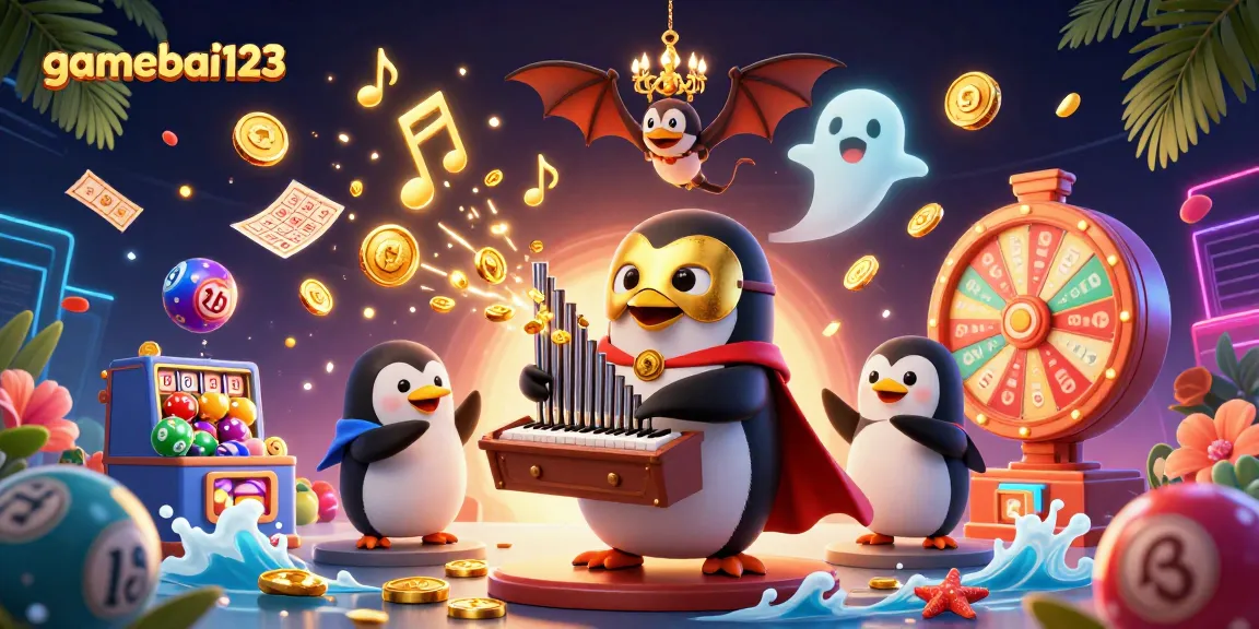 gamebai123 showcases a vibrant 3D casino scene with a penguin and dynamic gaming elements for thrilling play.