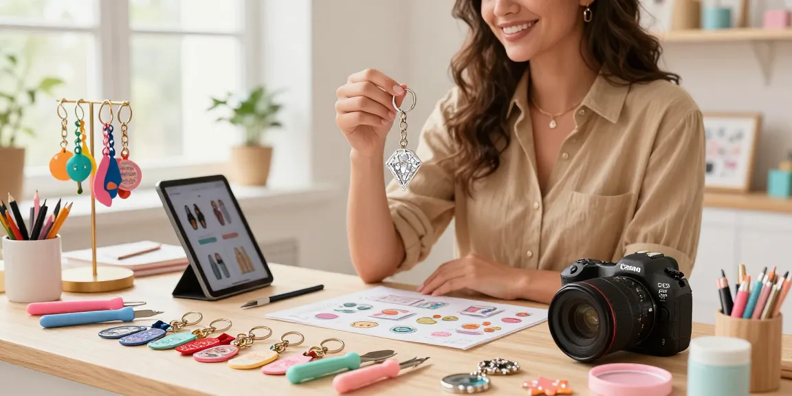 Custom Diamond Keychain showcased by a stylish woman in a vibrant retail setting, surrounded by colourful personalised accessories.