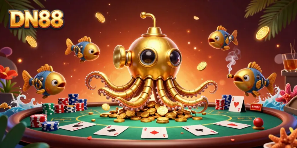 Experience the thrilling gaming atmosphere of DN88 with dynamic poker elements and a golden kraken submarine.