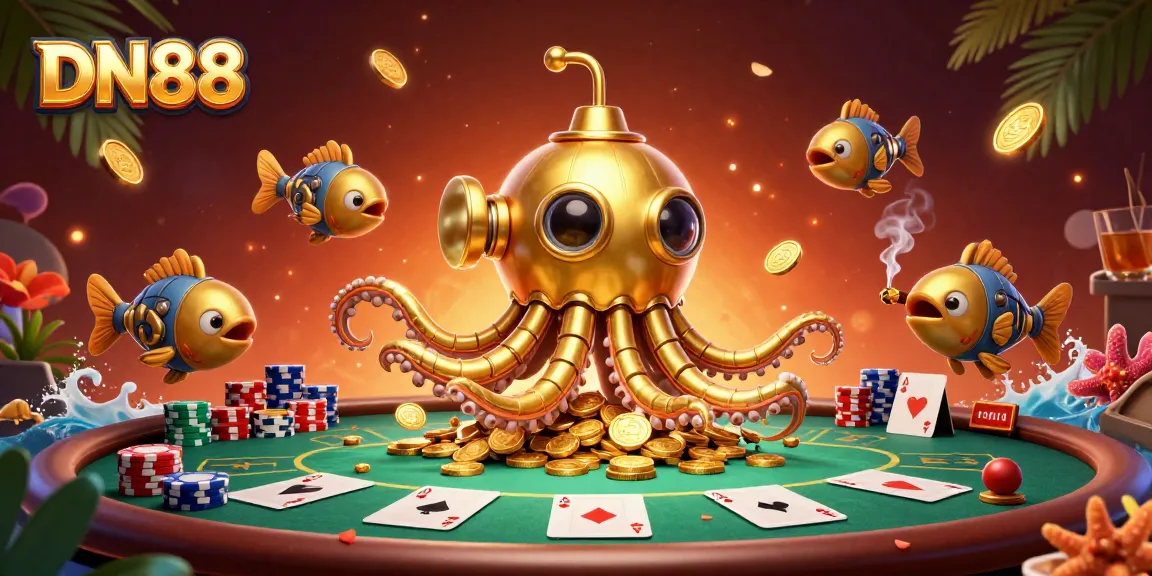 Experience the thrilling gaming atmosphere of DN88 with dynamic poker elements and a golden kraken submarine.