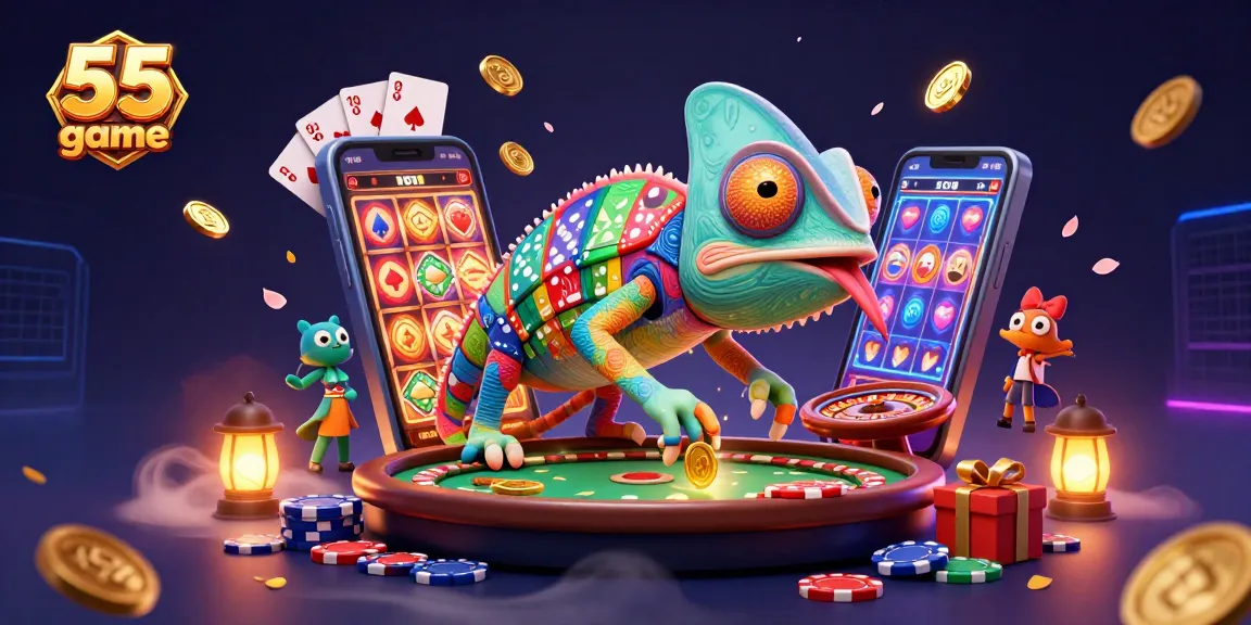 Experience the excitement of the 55 club game with a colorful chameleon casino owner and dynamic slot visuals.
