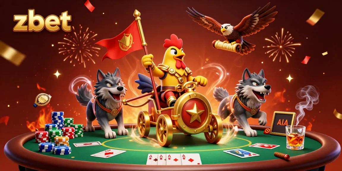 Engage with exhilarating gaming at zbet featuring a rooster warlord in a lively casino setting.