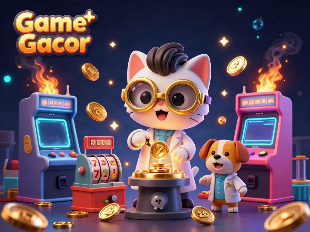 Game Slot Gacor memberi peluang untuk menang besar, dengan animasi slot dan kucing ilmuwan yang menciptakan uang emas.
