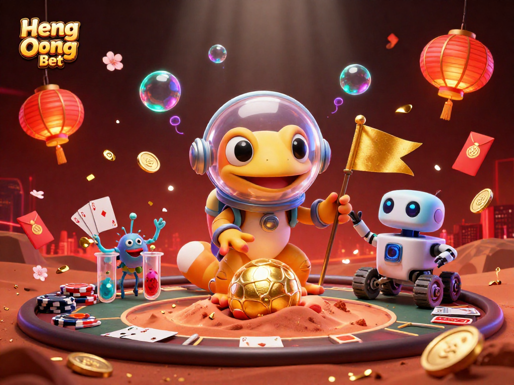 Experience the excitement of Heng Ong Bet at a golden space casino with vibrant poker action and lively characters.