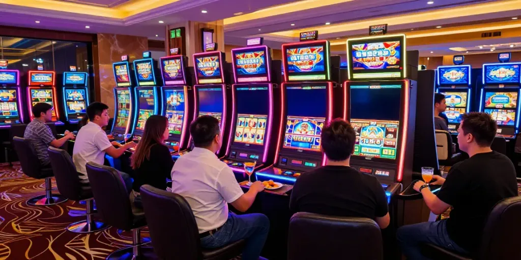 Exciting สล็อตเว็บตรง gaming experience with diverse players at vibrant casino slot machines.