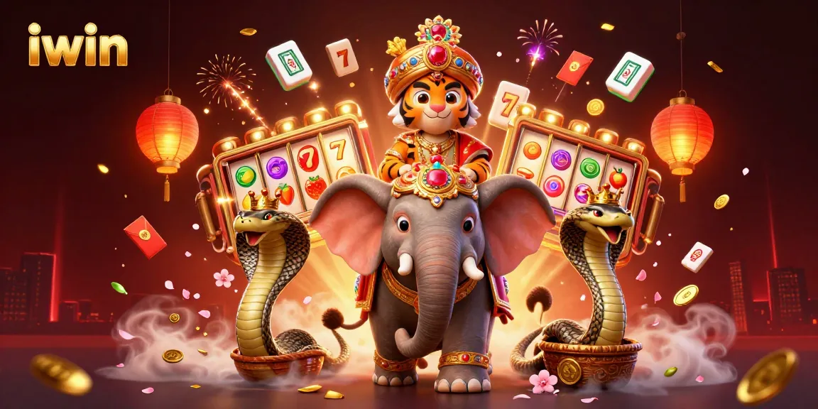 Spin the reels at iwin with a vibrant casino scene featuring a maharaja tiger and an elephant.