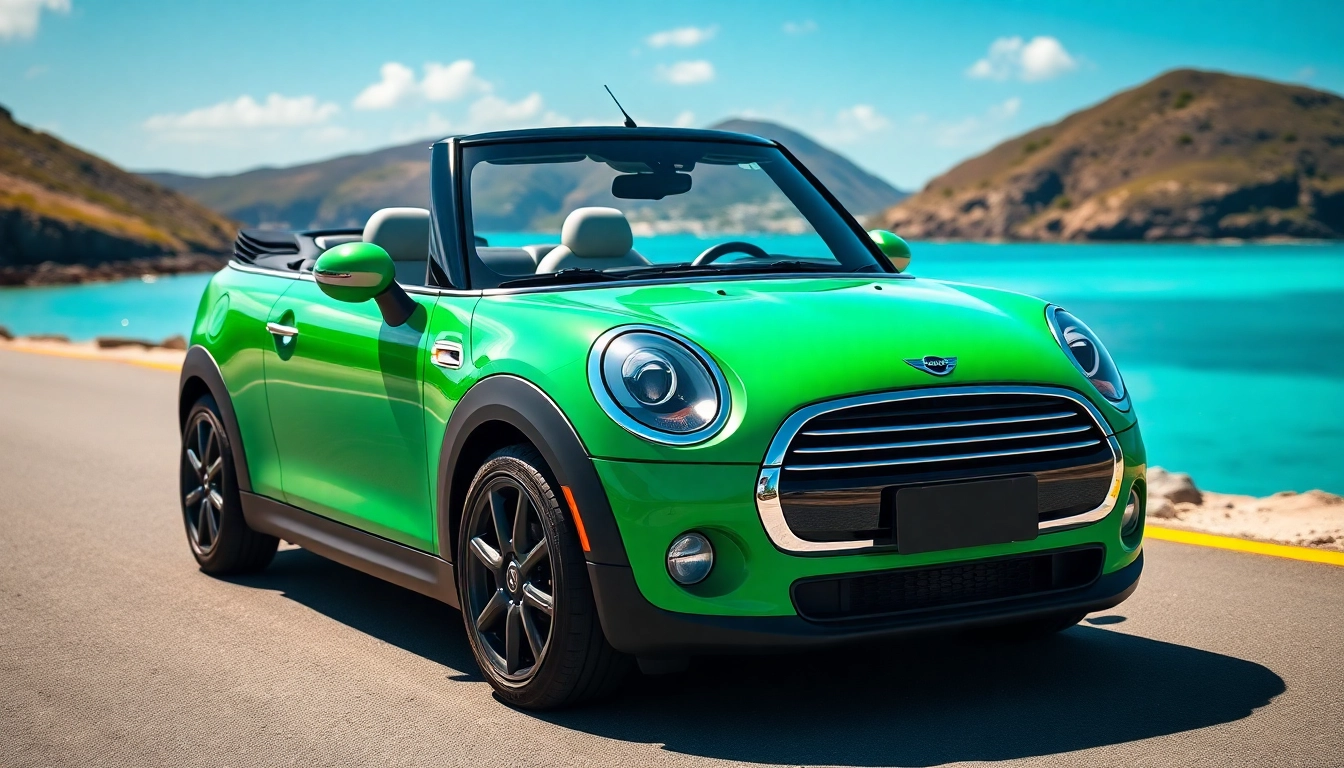 Enjoying a Mini Cooper rental St Barts against a stunning coastal backdrop.