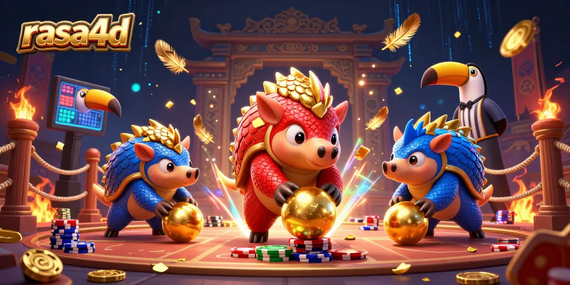 Rasa4d mempersembahkan pangolin bertarung dalam arena dengan chip poker dan nyala api.