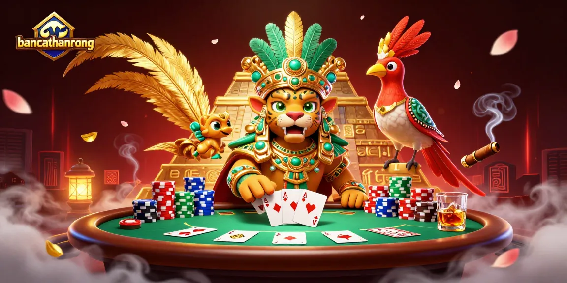 Bancathanrong's vibrant 3D casino scene with a Mayan jaguar priest surrounded by poker elements and symbolisms.