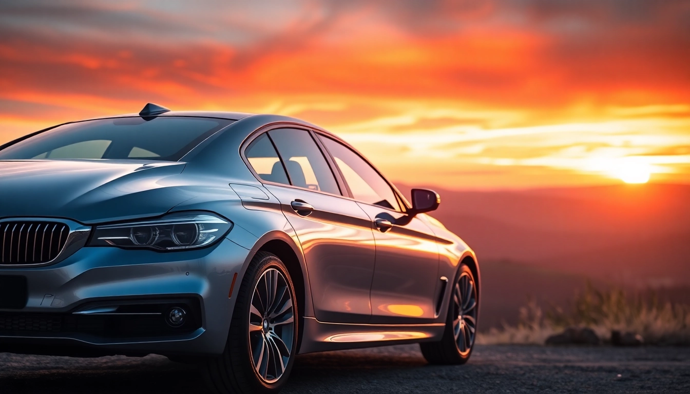 Showcase a Luxury BMW car detailing its sleek design against a sunset backdrop.