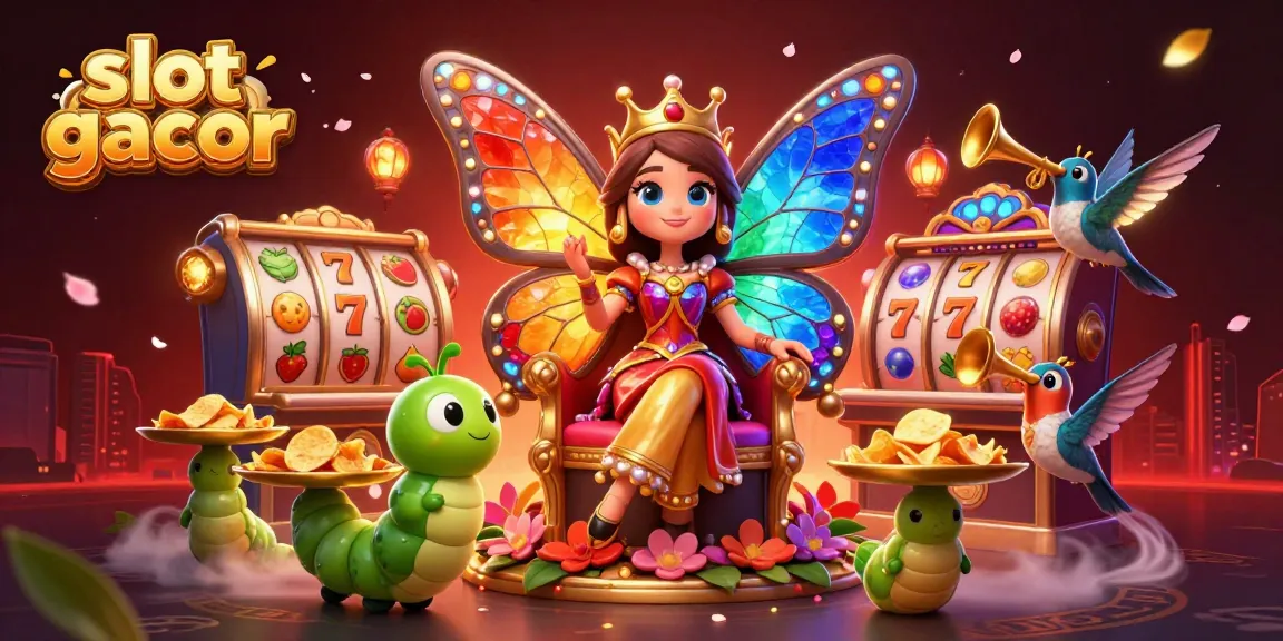 Menggunakan slot gacor, ilustrasi 3D yang menampilkan ratu kupu-kupu dengan sayap kaca patri, mesin slot, dan simbol keberuntungan lainnya.