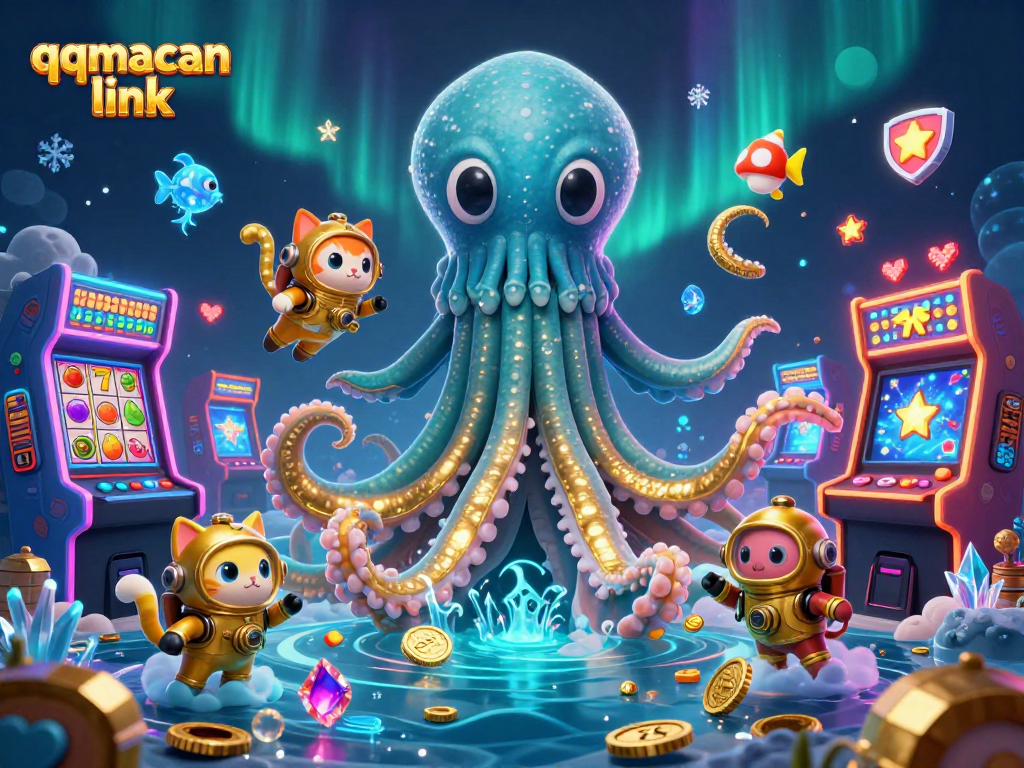Engage with the thrilling qqmacan link gaming scene featuring a kraken, diving cat, and dynamic slot machines.