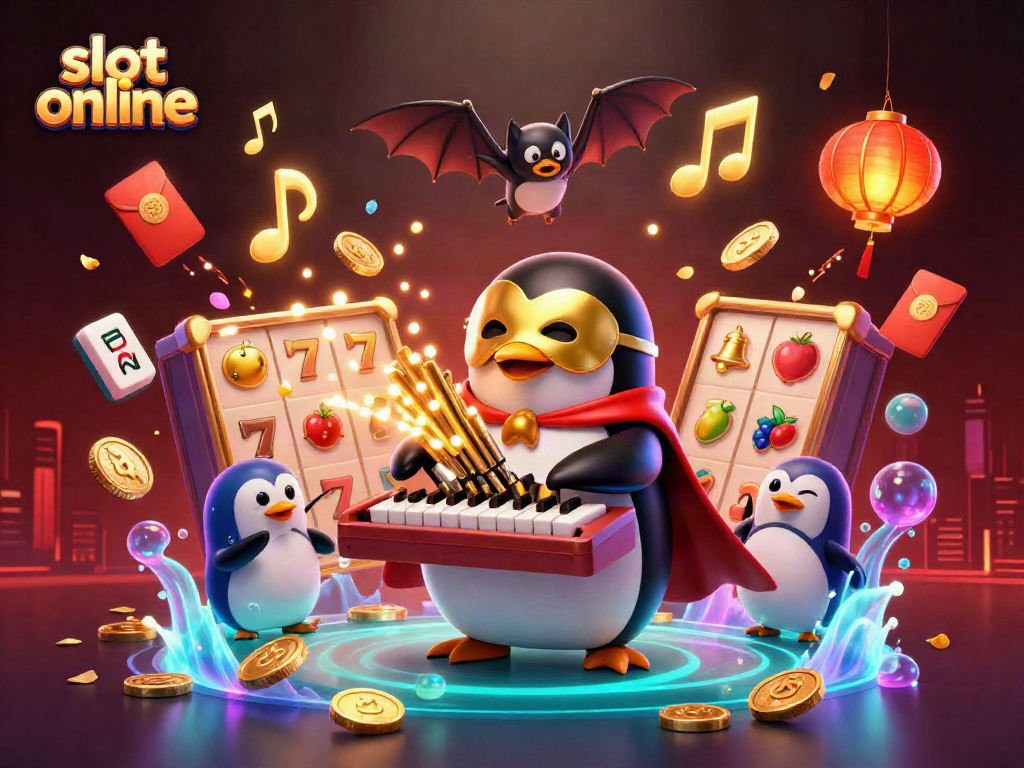 Experience slot online thrills with this vibrant 3D casino illustration featuring a penguin and dynamic game elements.