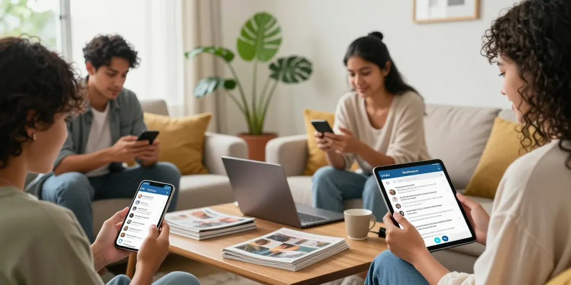 People using BedPersonal in a cozy living room to browse local classifieds and connect with services.