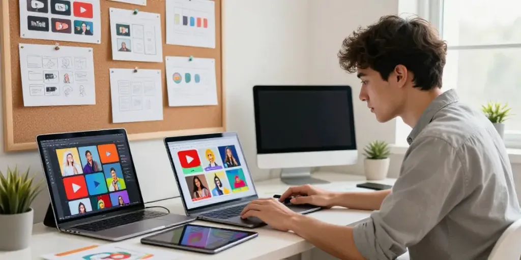 Artist using AI YouTube thumbnail generator in a vibrant workspace filled with artwork.