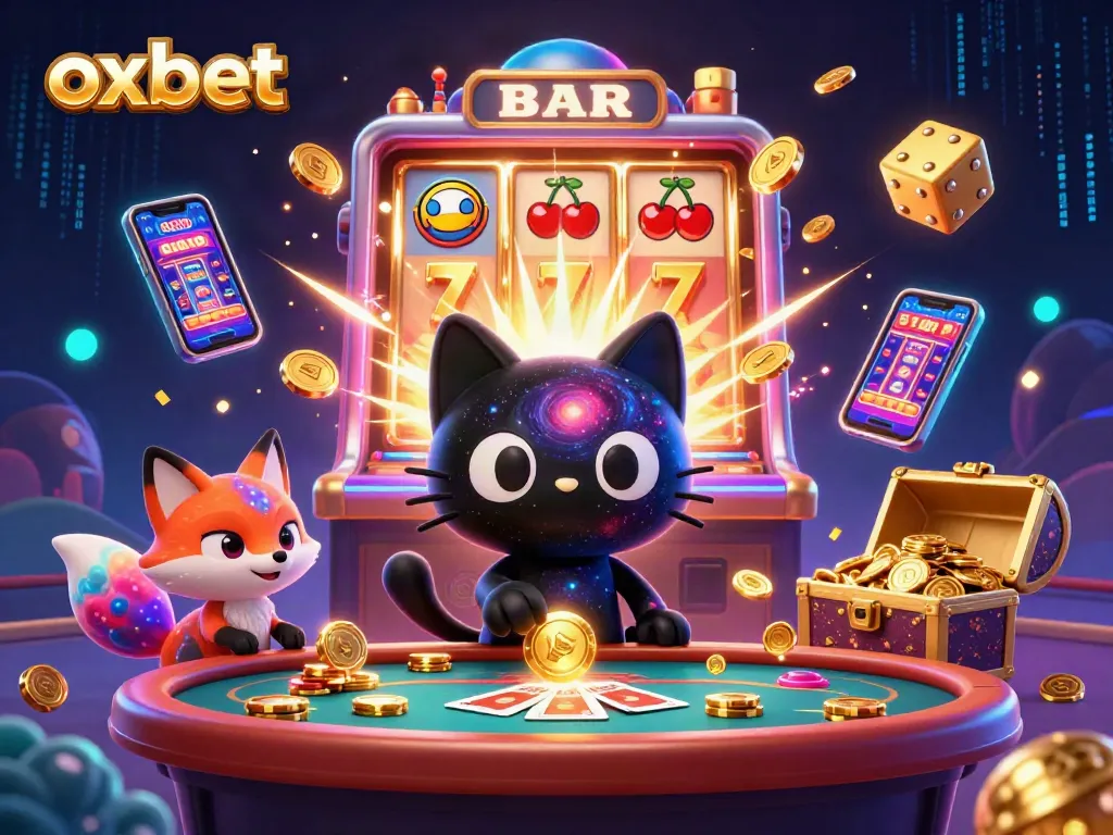 Experience the fun of oxbet with a cosmic casino scene featuring a black hole cat and slot machine.