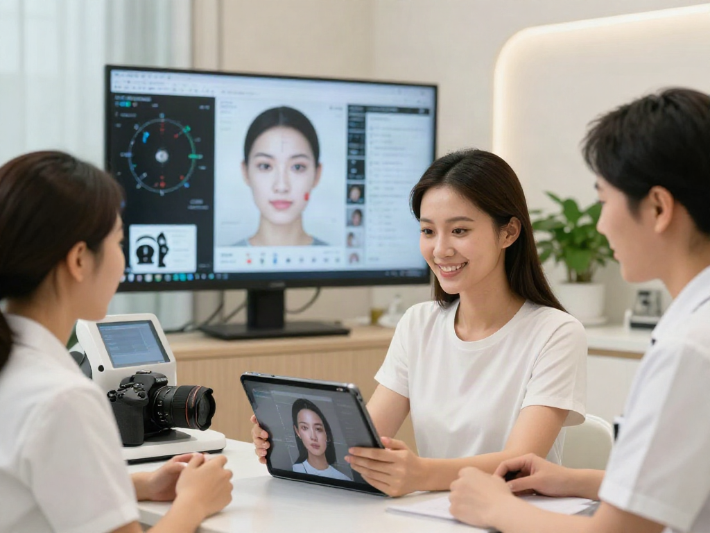 ClinicEvo better than QOVES: Woman exploring facial analysis results in a modern clinic environment.